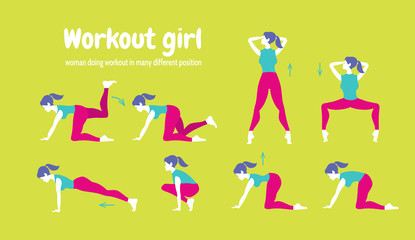 Workout for women. Set of gym icons in flat style isolated on gr