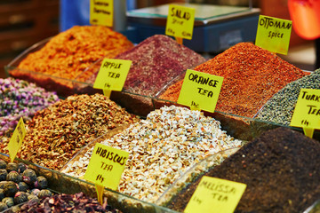Spices and teas on a traditional farmer market in Istanbul, Turkey