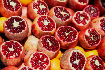 Heap of ripe pomegranates on a farmer market in Istanbul, Turkey