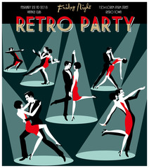 Six dancing couples. Retro party hand drawing invitation card. Art Deco style