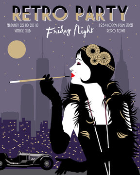 Flapper girl with cigarette and black retro automobile on a background of New York at night. Retro Party invitation card. Handmade drawing vector illustration. Art Deco style