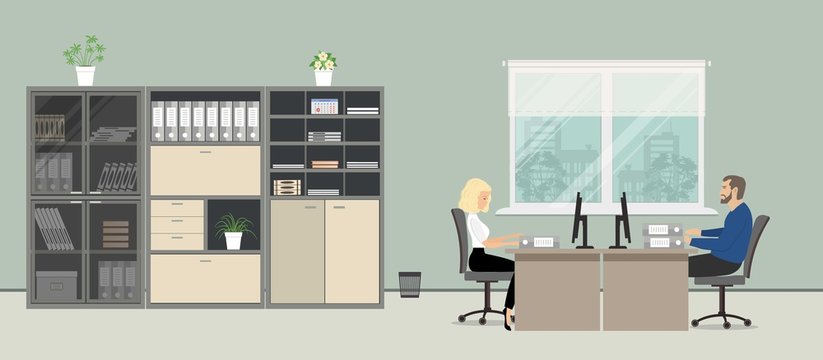 Office room in a gray color. The young woman and man are employees at work. There are two desks, chairs, cabinets for documents on a window background in the picture. Vector flat illustration