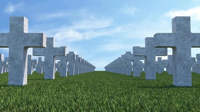 Animation of Crosses in Cemetery Memorial on Green Field with Clouds