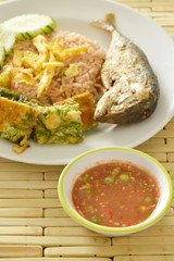 spicy fried rice shrimp chili paste sauce eat couple with egg and mackerel