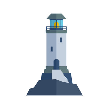 Cartoon flat lighthouse searchlight tower for maritime navigation guidance light vector illustration.