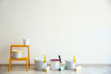 Set of tools and paints for making repair in flat