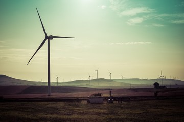 Wind turbine generating electricity on the field under the sky. Renewable electric energy...