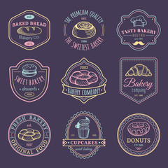 Vector set of vintage bakery logos. Retro emblems collection with sweet cookie. Hipster pastry icons for cafe, shop etc.