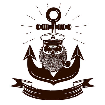Monochrome nautical marine image scull with anchor on background..Logo of captain with anchor on background isolated vector illustration