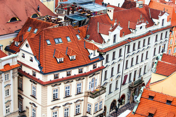 Fototapeta na wymiar houses with red roof is a famous landmark of the Prague, aerial view from above
