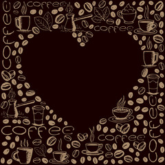Coffee Symbols Background with Heart Shape inside