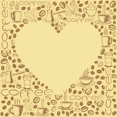 Coffee Symbols Background with Heart Shape inside