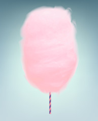 Pink cotton candy. Realistic sugar cloud with striped stick. Vector isolated object illustration. - 142834295