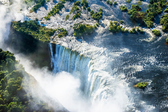 Victoria falls waterfall on Zambezi river from the air