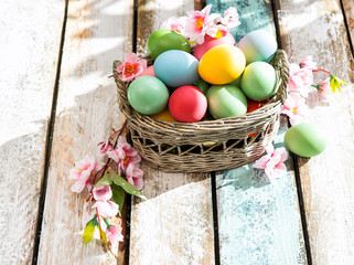 Easter eggs wooden background decoration flowers