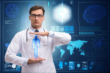 Doctor in futuristic medical concept pressing button