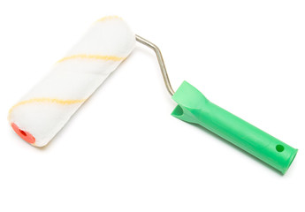 Roller for a paint isolated on white background. Flat lay, top view