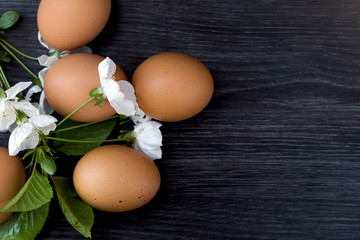 Easter eggs and flowers on wooden background. Happy Easter.