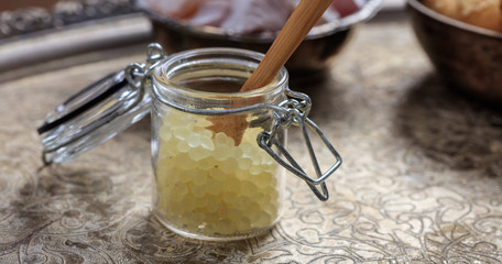 Chios mastic tears on a silver background