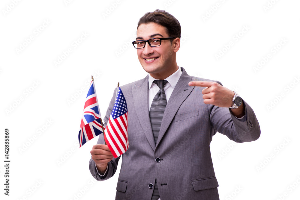 Wall mural young businessman with flag isolated on white