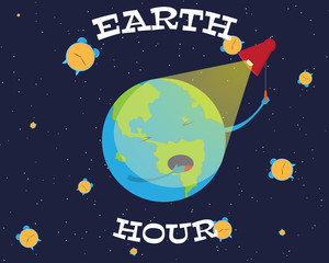 Illustration of Earth hour. Cartoon earth is going to turn off the lights