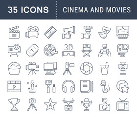 Fototapeta premium Set Vector Flat Line Icons Cinema and Movies