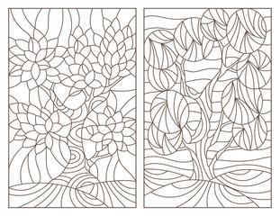 Set contour illustrations of stained glass with the image of the trees