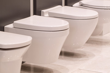 Samples of white faience bide and toilet bowls for a stylish interior