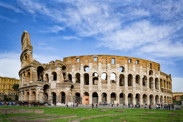 Fototapeta na wymiar Rome, Italy,The Colosseum or Coliseum,as the Flavian Amphitheatre, is an oval amphitheatre in the centre of the city . Built of concrete,sand,it is the largest amphitheatre