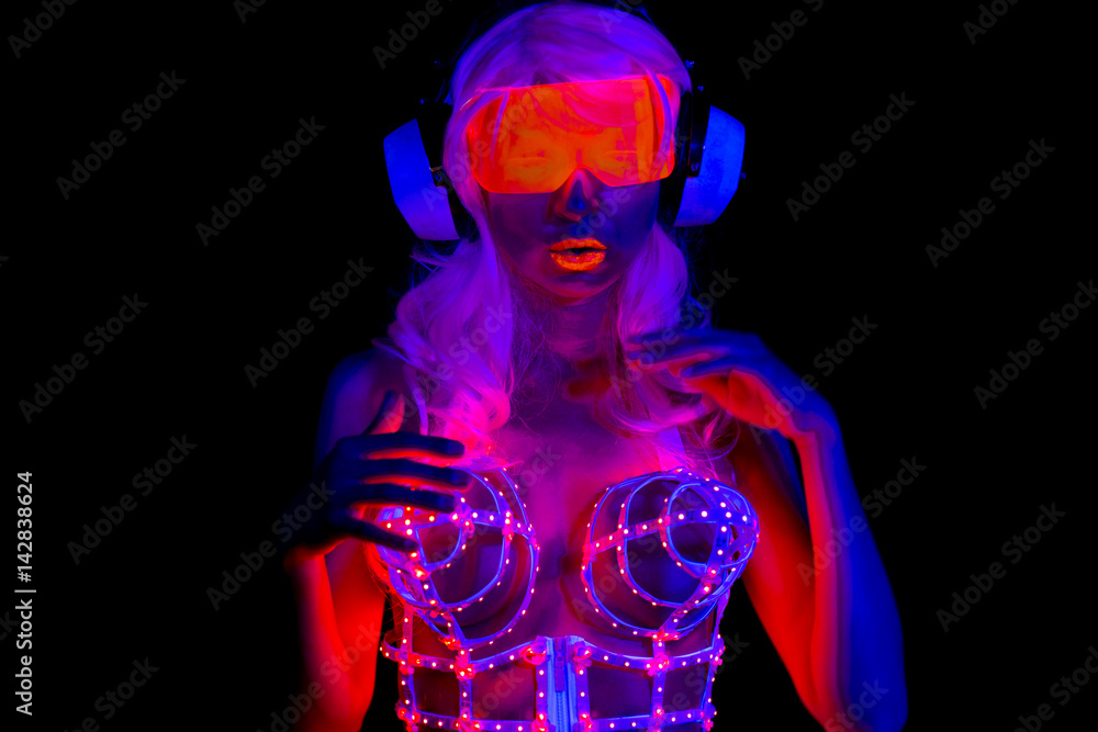 Wall mural glow uv neon sexy disco female cyber doll