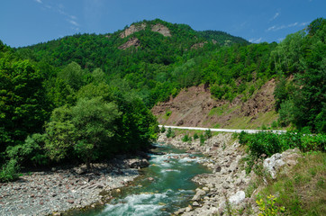 Fototapeta na wymiar Panorama of beautiful White river in caucasian mountains in Adygea, Russia 23 Region Krasnodar