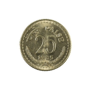 25 indian paisa coin (1985) obverse isolated on white background