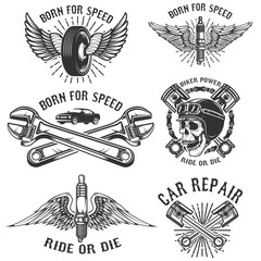 Set of car repair and racing emblems. Spark plug with wings, racer skull, pistons and wheel. Design elements for logo, label, badge. Vector illustration