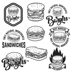 Burgers and Sandwiches. Handwritten lettering logo, label, badge. Emblem for fast food restaurant, cafe. Isolated on white background. Vector illustration.