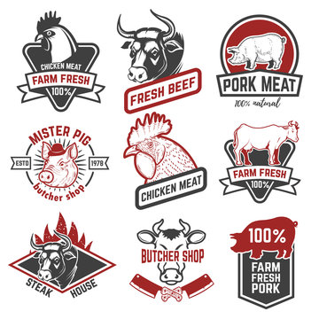Beef, chicken, pork meat labels on white background. Design elements for logo, emblem, sign, badge. Vector illustration