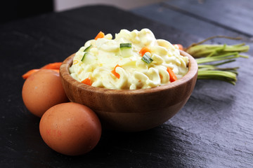 noodle salad with eggs, cucumber and mayonnaise
