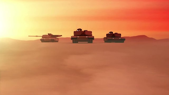 Animation of Group of Heavy Military Tanks Moving in Amazing Dunes Landscape at Sunset