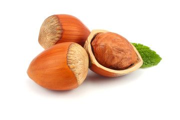 hazelnut with green leaf isolated on white background
