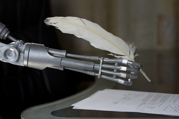 A robot signs a document with a quill pen