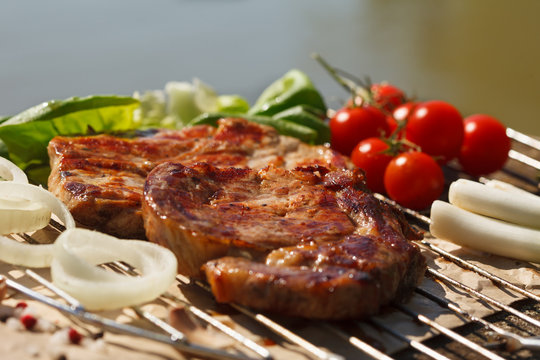 Delicious grilled meat with vegetables. Healthy food.