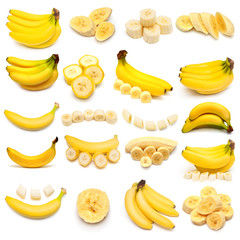 Collection of bananas isolated on white background. Flat lay, top view
