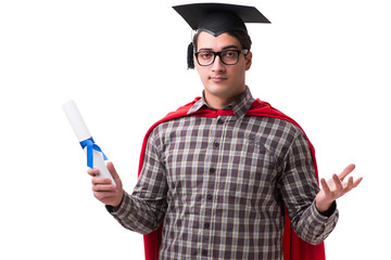 Super hero student with books isolated on white