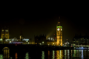 Fototapeta na wymiar Houses of parliament and Westminster Bridge at night with lights reflected in Thames water , London