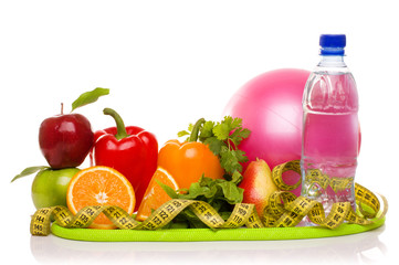 fitness equipment and healthy food isolated on white