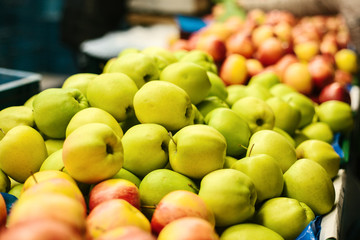 Fresh apples. Natural local products on the farm market. Harvesting. Seasonal products. Food.