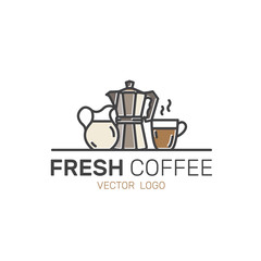 Vector Icon Style Illustration Logo Set of Coffee Shop, Custom Hot Drink Production, Factory, Store, Morning Breakfast Beverage, Isolated Minimalistic Object
