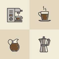 Vector Icon Style Illustration Logo Set of Coffee Shop, Custom Hot Drink Production, Factory, Store, Morning Breakfast Beverage, Isolated Minimalistic Object