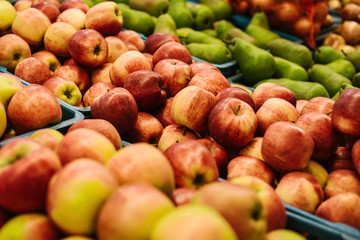 Fresh apples. Natural local products on the farm market. Harvesting. Seasonal products. Food.