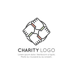 Vector Icon Style Illustration Set of Graphic Elements for Nonprofit Organizations and Donation Centre. Fundraising Symbols, Crowdfunding Project Label, Charity Logo, Cooperation, Volunteer, Support