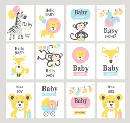 Set of baby shower cards on white background. Vector illustrations